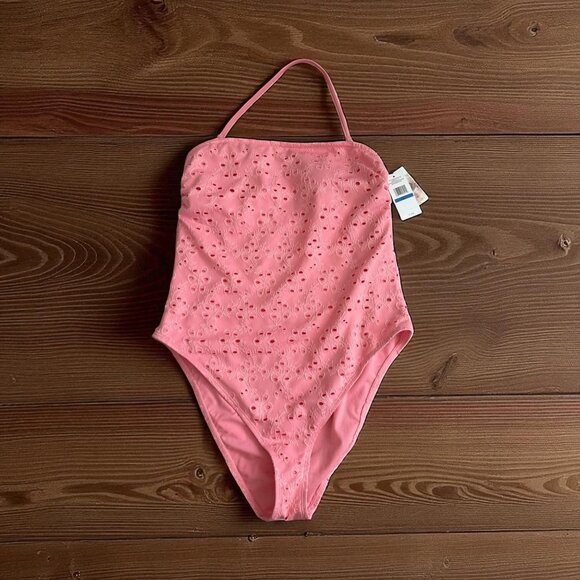 JESSICA SIMPSON Geranium Petal Pink Eyelet Halter One Piece Swimsuit Bathing Sui - Picture 1 of 7